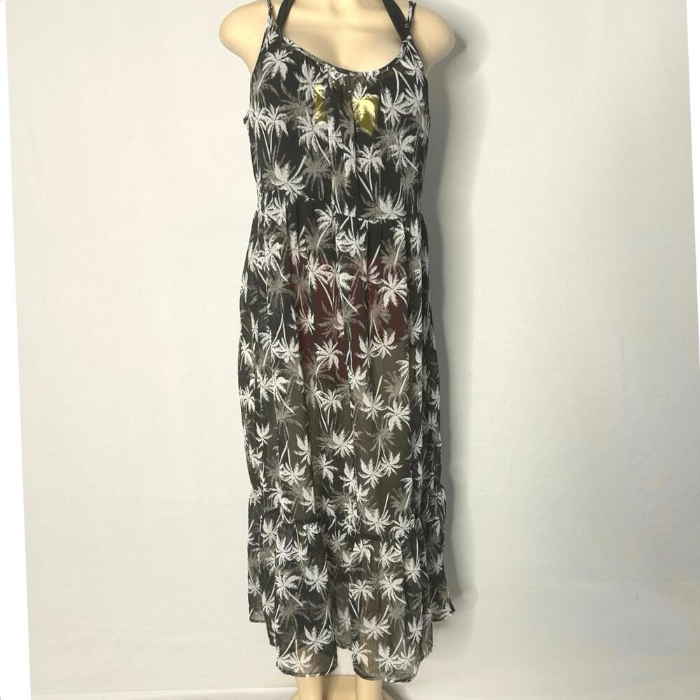 Miken Swim Palm Print Midi Dress Black White Sheer Cover Up Flowy XL